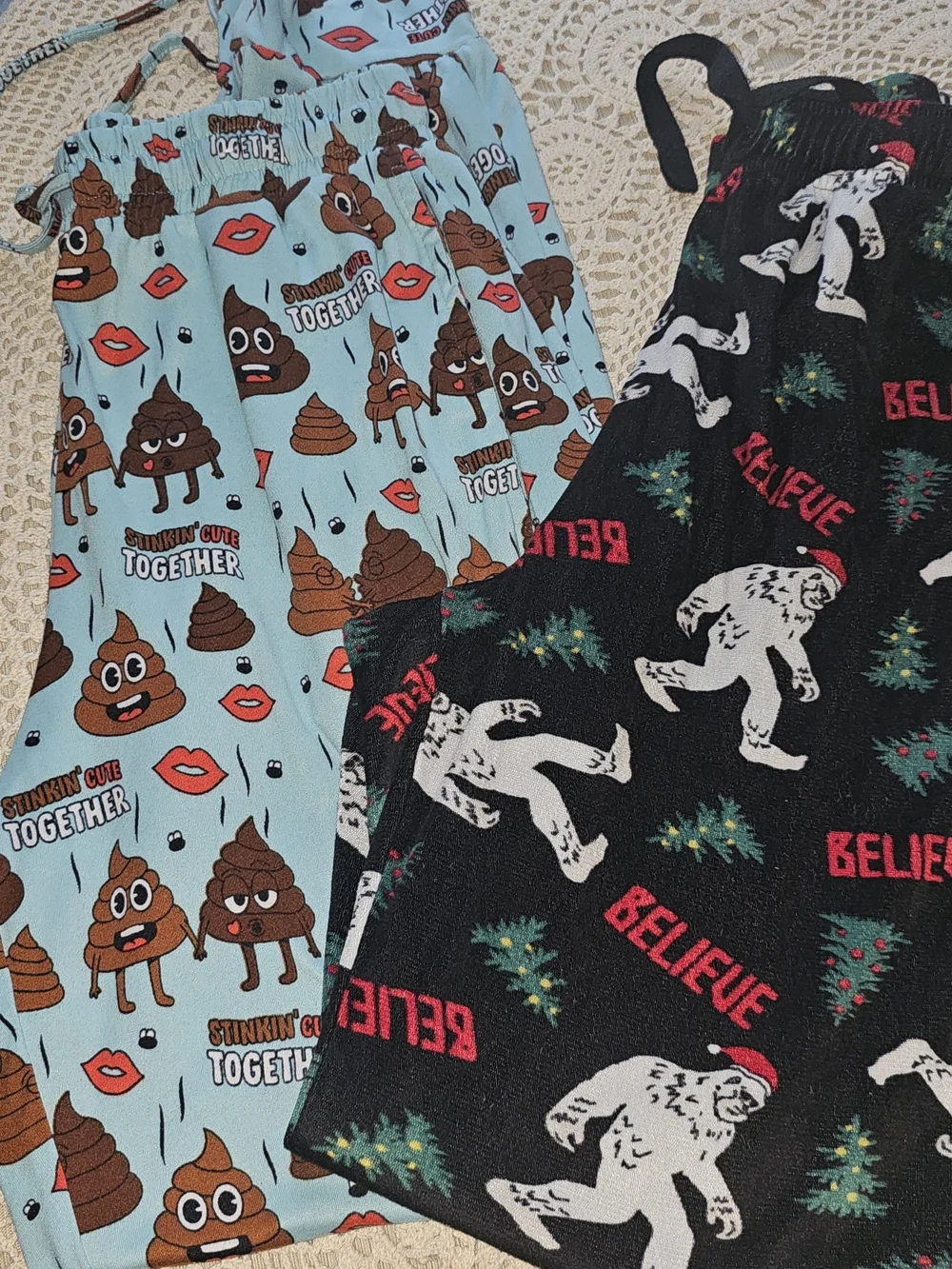 Women’s Novelty Pajama Pants Set - Light Blue Poop Emoji & Black Bigfoot Prints